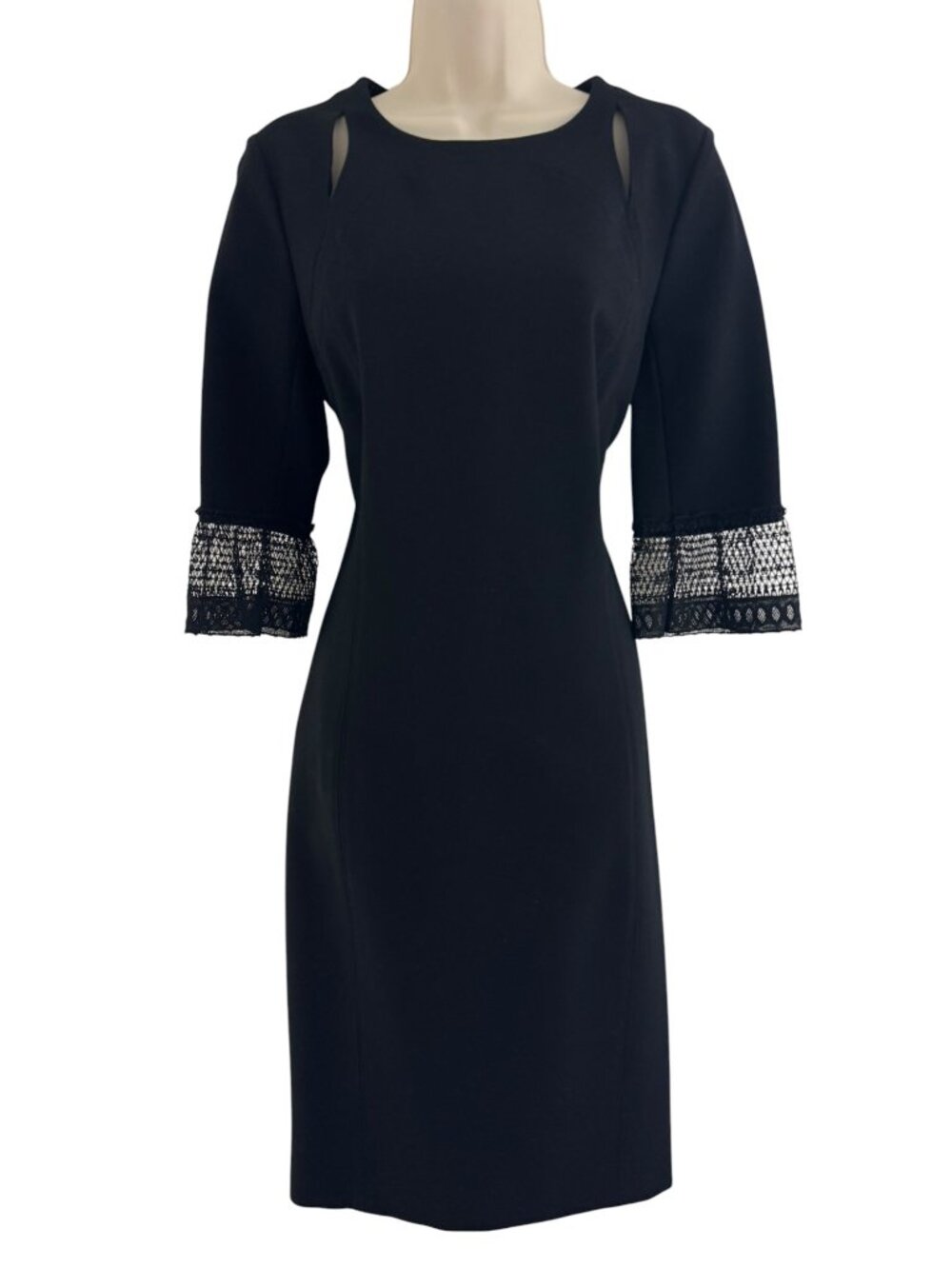 Carlisle Black Cutout Ponte Knit Lace Bell Sleeve Sheath Dress Size 10 Classic